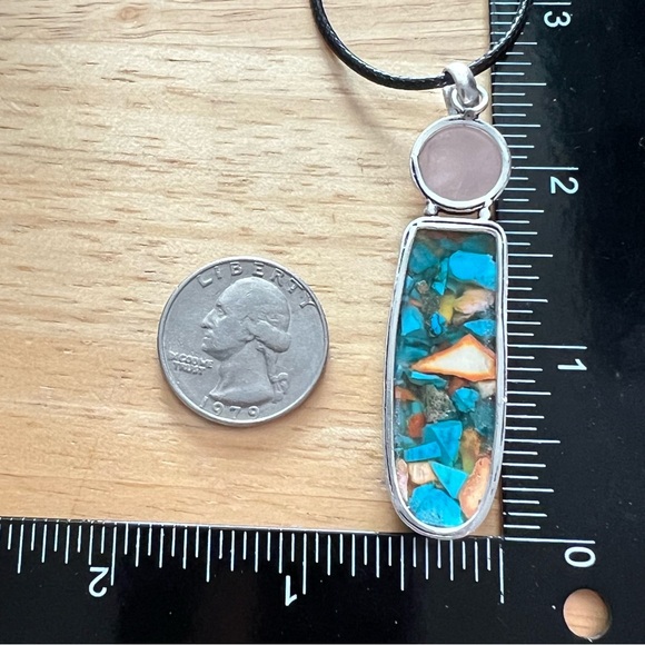 New Rose Quartz Crystal Stone Crystal Spiny Oyster Silver Overlay Pendant w Cord - Picture 5 of 6